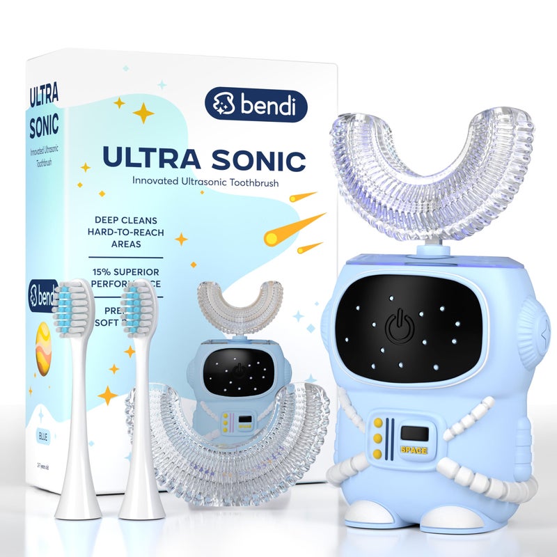 Bendi Kids UShaped Electric Toothbrush Ages 27 360 Mouthguard Design with Memory 5 Brushing Modes Multiple Heads Soft Silicone Auto Toothbrush for Toddlers Children TravelFriendly Blue